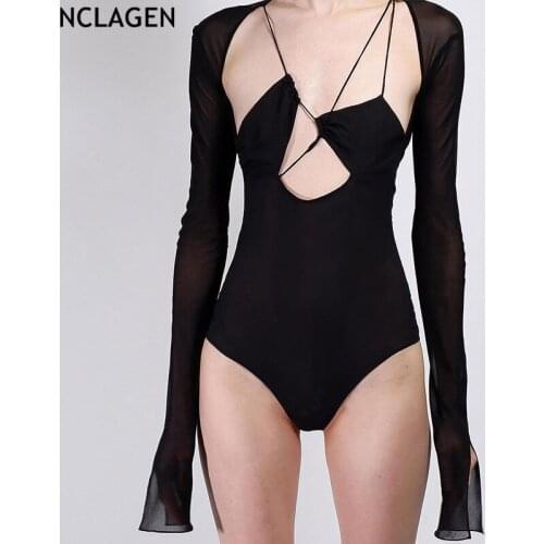 NCLAGEN Women Sexy Bandage Irregular Hollow Out Bodysuit Split See Through Mesh Long Sleeve Active Romper Lady Bodycon Clothing