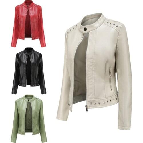 Fashion New 2021 Short PU Leather Jacket Women Rivet Spring Autumn Womens Coat Long Sleeve Slim Casual Jacket Stand Collar