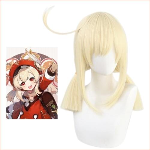 Genshin Impact Klee Wig Cosplay Pale Blonde Straight Twin Ponytails Golden Heat Resistant Hair Adult Halloween Role Play