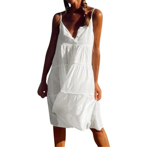 Summer Beach Sexy Backless Knee-Length Dress Female Sleeveless Strapless Spaghetti Strap Dresses Solid Buttons Straight Robes