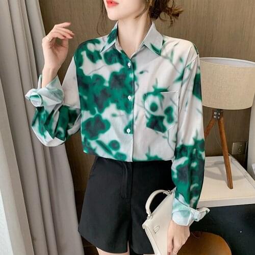 2021 early autumn lapel active printing casual all-match loose chiffon long-sleeved shirt blouse female