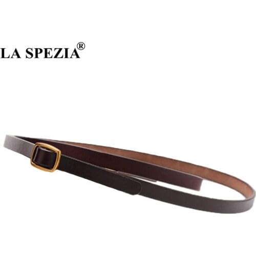 LA SPEZIA Thin Belt Women Solid Square Belt Without Holes Ladies Coffee Real Leather Cowhide Fashion Female Brand Belt For Jeans
