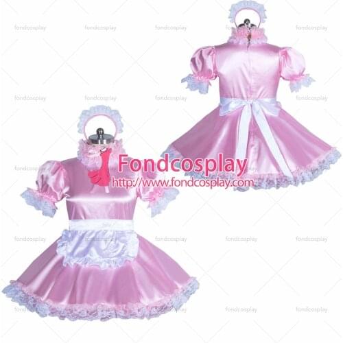 Fondcosplay adult sexy cross dressing sissy maid short French lockable baby pink satin dress white apron Tailor-made[G3885]