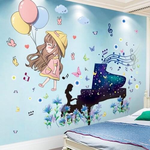 [shijuekongjian] Piano Girl Wall Stickers DIY Cartoon Balloons Mural Decals for Kids Bedroom Baby Room Nursery House Decoration
