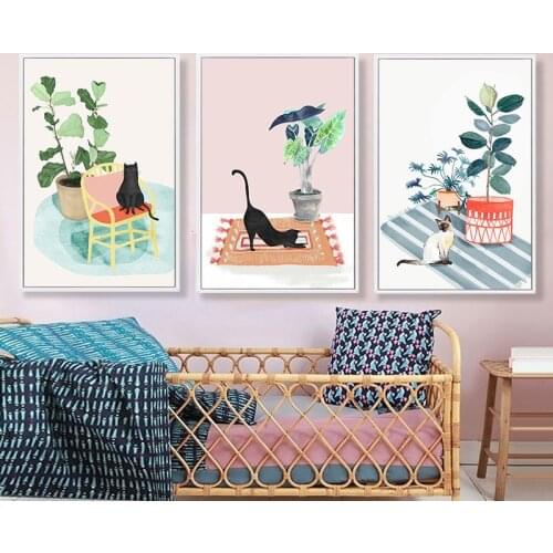 Siamese Cat And Green Plant Sofa Background Wall Decorative Painting Canvas Poster For Living Room Bedroom Bedroom Wall Decor
