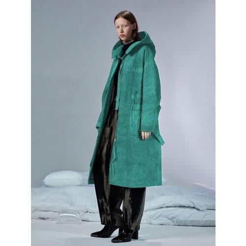 Design New Original Autumn Winter Women Casual Oversized Striped Long Green Cotton Padded Warm Hooded Parkas Jacket