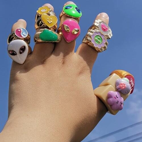 Lost Lady INS Colorful Enamel YinYang Alien Rings for Women Cute Heart Girls Rings Wholesale Jewelry Dropshipping