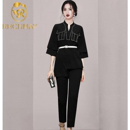 New Occupation 2-piece Suits Women 2021 Autumn Elegant Stand Jacket & Simple Long Pants OL Work Set With Belt