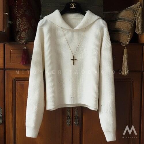 Temperament Yabai Navy Collar Wool Blended Fleece Sweater Women 2021 New Spring And Autumn Top