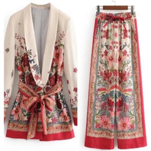 ZA Vintage Women suit floral designer jacket + Wide leg pants ladies blazer Outwear Female office blazer coat Women blazer