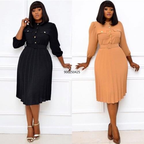 Women Long Sleeve Pleated Dresses with Pockets Waist Belt A Line Button Up Female Fashion Autumn Vestidos Black Khaki Plus Size