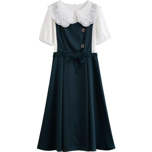 Retro Elegant Sashes Vestido Festa Fake Two Summer New Women Clothes Splicing Peter Pan Collar Slim Waist Korean Dress Women