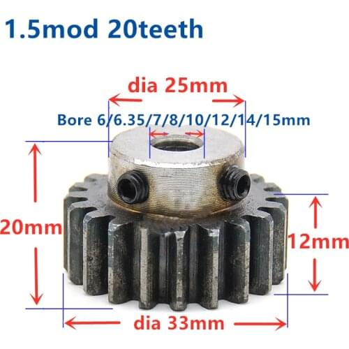Spur Gear pinion 1.5M 20T 20Teeth Mod 1.5 Width 12mm Bore 6-15mm Teeth 45# steel major gear cnc gear rack transmission RC