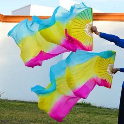 2016 High selling 100% Real Silk Veils 1 Pair handmade women Quality Silk Belly Dance Fan Dance turquoise yellow rose 180*90 cm