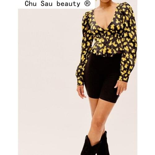 2021 New Fashion Women Summer Floral Print Shirts Tops Ladies Holiday Style Deep V-neck Blouse Long Sleeve Blouses Female