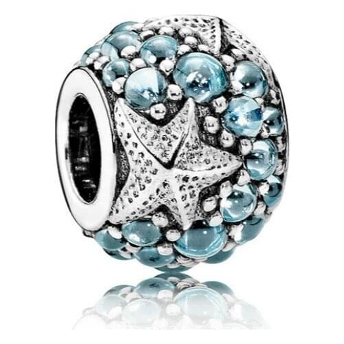 5PCS Summer New Blue Crystal Starfish Charms Round Zinc Alloy Big Hole Bead Fit Snake Bracelet Jewelry Women DIY Accessories