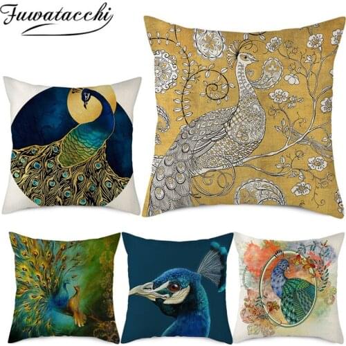 Fuwatacchi Linen Peacock Picture Cushion Cover Peahen Animals Printed Pillows Covers for Home Sofa Chair Decorative Pillowcases
