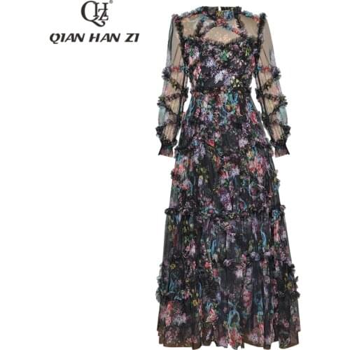 Qian Han Zi designer runway maxi dress Women long sleeves elegant Mesh printing Applique Fashion Party vintage Long dress