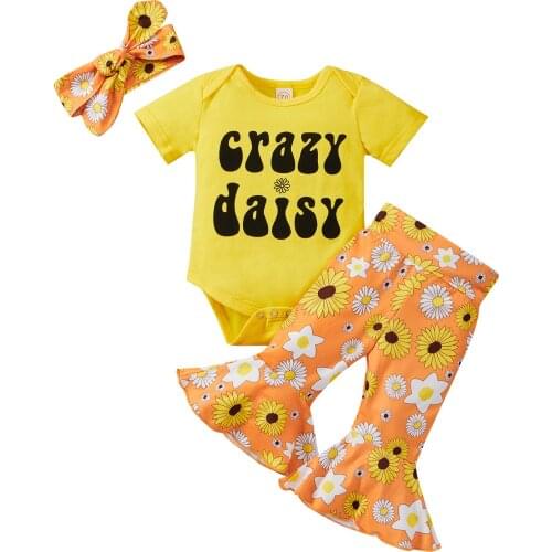 FOCUSNORM 3pcs Lovely Baby Girls Clothes Sets Printed Short Sleeve Romper Floral Flare Pants Headband 0-24M