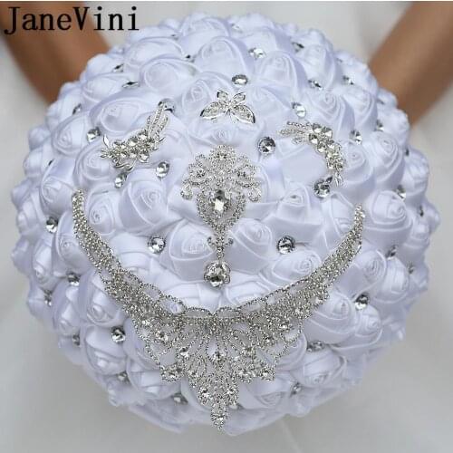 JaneVini 30CM Big Wedding Bouquets for Large Bride White Satin Roses Sparkling Crystal Butterfly Jewelry Bridal Bouquet 2020