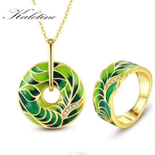 KALETINE 100% 925 Sterling Silver Green Jewerly Sets Aquatic Plant Handmade Enamel Ring Earrings Necklace for Women Jewelry Set