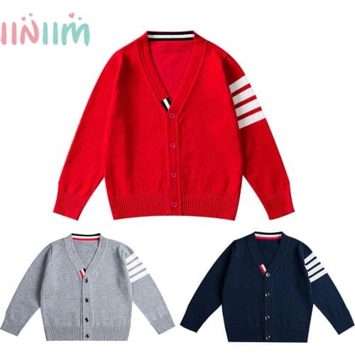 Kids Boys Autumn Spring Cardigan Coat V Neck Front Button Closure Stripes at Sleeve Boy Knitted Jacket Sweater Coat Knitwear New