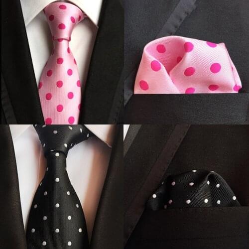 Classic 8cm Silk Polka Dot Sets Black Pink Jacquard Pocket Square Necktie Set For Men Business Hanky Ties Bridegroom Accessories