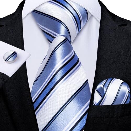 New Classic 8cm Wide Mens Blue White Striped Silk Ties Set Business Wedding Tie Pocket Square Cufflinks Gifts For Men DiBanGu