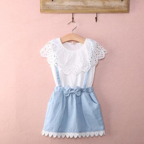 Summer Lovely Princess Toddler Baby Girls Dress 2-7Y Petal Sleeve Lace Floral White Bow Blue Denim Straight Knee-Length Dress