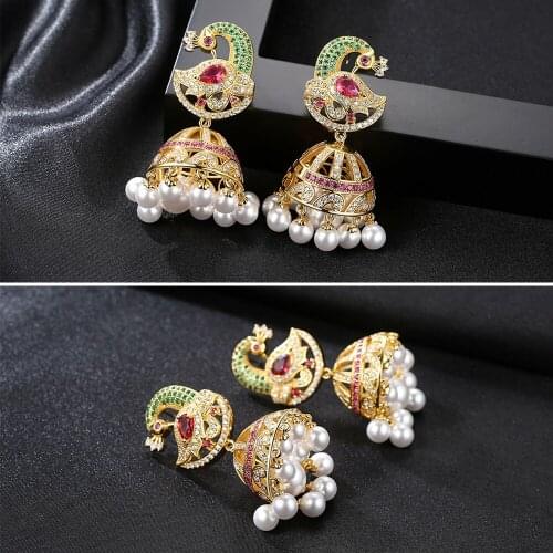 Fashion Jhumka Jhumki Classic Zircon Colorful Phoenix Beads Statement Drop Earrings Indian Women Jewelry Ethnic Retro Cocktail