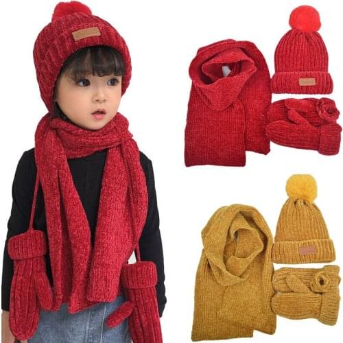 Three-piece Knitted Hats Scarf Gloves Set Children Hat PomPon Autumn Winter Warm Mitten Boy Cap Beanie Fashion Sets Kids Caps