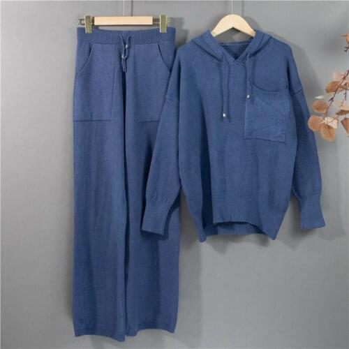Make The Spot! Ms New Winter Warm Knit Hooded Sweater and Wide-legged Tall Waist Trousers Leisure Suit