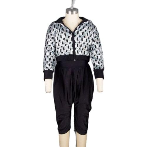 New Arrival of Child and Adult Jazz & Tap Dance Costume Set including Half Long Hooded Sequin Jacket and Spandex Pants 18314