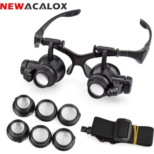NEWACALOX 10X 15X 20X 25X Portable Head Wearing Magnifying Glass Double Eye for Jewelry Watch Repair Tools with 2 LED/8 Lens
