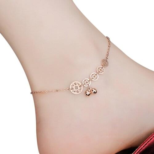 DropShipping Titanium Steel Real Rose Color Birthday Gift Never Fade Two Line Copper Coin Bells Anklet Woman Fine Jewelry