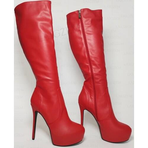 BERZIMER Women Knee High Platform Boots Zip Up Stiletto High Heels Tall Boots Faux Leather Unisex Shoes Woman Big Size 41 44 52