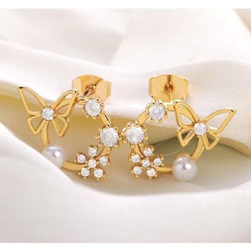 Butterfly Flower Earrings Stud Romantic Fashion Jewelry Round Crystals Earrings For Women Gift 2021 New Korean