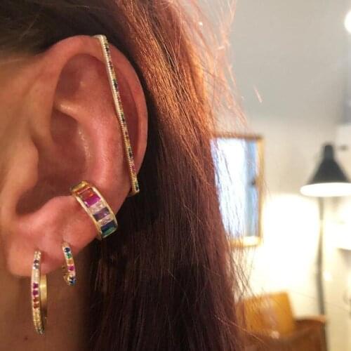 Colorful Cubic Zirconia Baguette 1pc clip Cuff Ear Earrings Shinning Wedding fashion no piercing clip rainbow cz minimal earring