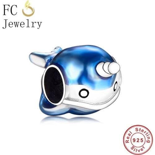 FC Jewelry Fit Original Brand Charm Bracelet 925 Silver Authentic Blue Enamel Narwhal Bead For Making Dangle Berloque 2020 NEW
