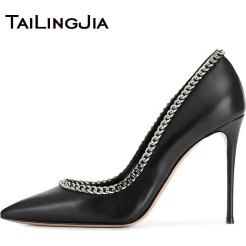 Black Pointed toe Classic High Heels Pumps Office Footwear for Women Metal Chain Elegant Ladies Stylish Large Size Heels Shoes