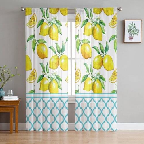 Summer Lemon Blue Moroccan Pattern Tulle Curtain Voile Transparent Tulle for Bedroom Living Room Kitchen Sheer Window Curtains