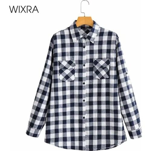Wixra Spring Summer Plaid Shirts Turn Down Collar 2021 Classic Casual Pockets Tops Blouse For Ladies