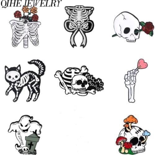 QIHE JEWELRY Rib Cage pins collection Human Rib Cage Skeleton Cat Bone Gothic Punk Brooches Lapel pin Radiology Jewelry