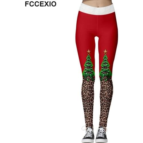 FCCEXIO Women Christmas Leggings Stretch Hight Waist Striped Christmas Tree 3D Printing Pants Sports Workout Trousers Xmas Gift