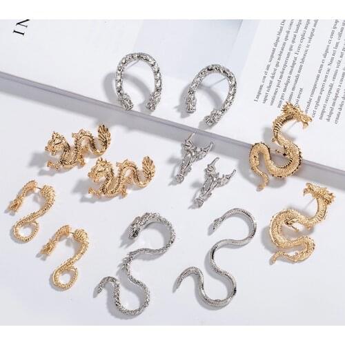 Punk Zodiac Chinese Dragon Earrings for Women Jewelry European Gold Color Vintage Animals Snake Stud Earings Girl Gift E392