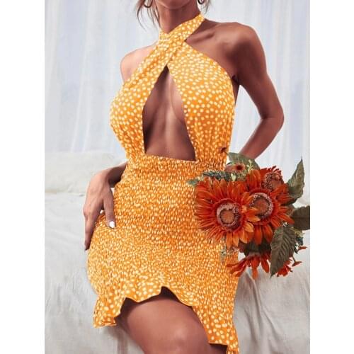 Wsevypo Backless Tie Up Short Wrap Bodycon Sundress Women Sexy Cross Halter Mini Sheath Dress Party Ladies Cutout Front Dress #S