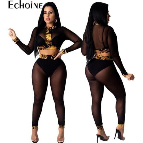 Echoine Women Fitness Sexy See-Through print Matching Sets Long Sleeve Thin Mesh Bodysuit+Leggings Ladies Two Piece set Outfits