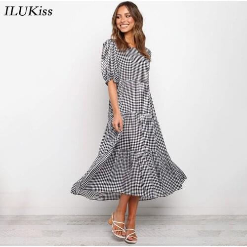 2021 Fashion Women Summer Short Sleeve Dress Loose Plaid Polka Dot Print Casual Blue O Neck Long Maxi Dresses Elegant Vestidos