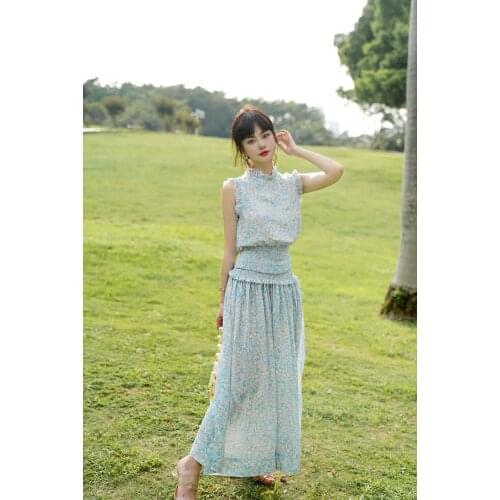 2021 Sleeveless Slim Floral Floral Dress Sky Blue Small Floral Round Neck Waist Pleated Split Vest Long Dress