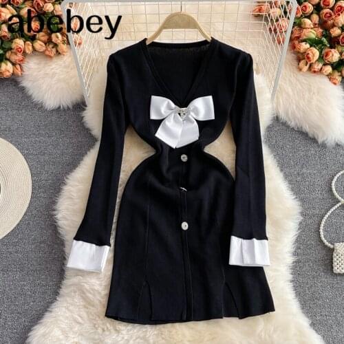 2021 New Spring Autumn French V-Neck long sleeve knitted Dress bow decoration single breasted high waist short split Dress